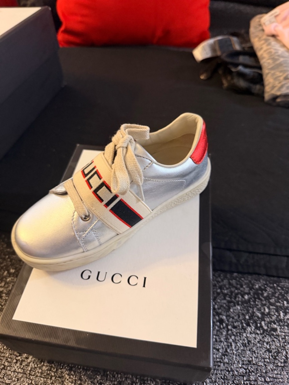 Gucci Kids Silver Sneaker with Red Heel and Navy-Red Web Stripe